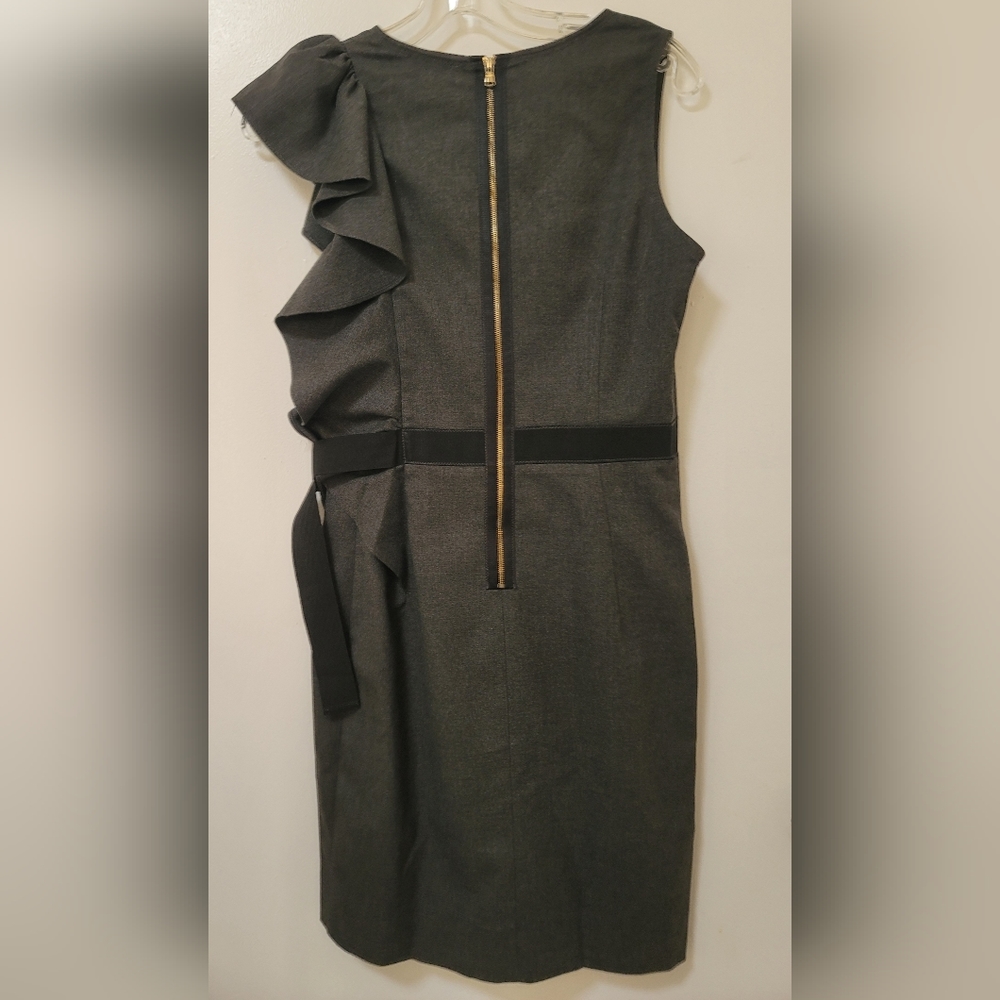 Sandro Paris Dress Gray Ruffle Trim Ribbon Belted Sheath Stretch Size Small New - Picture 10 of 16